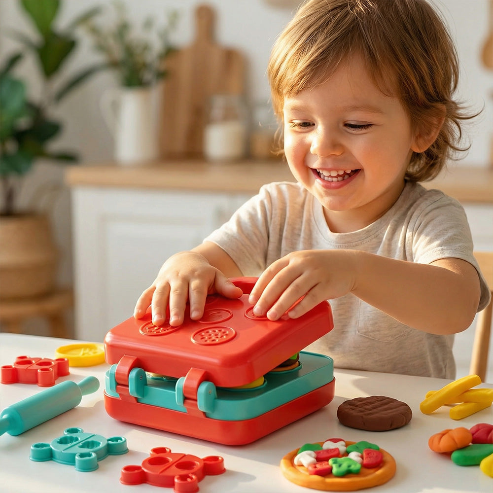 Child playing with a red toy kitchen set on a table with colorful play food.