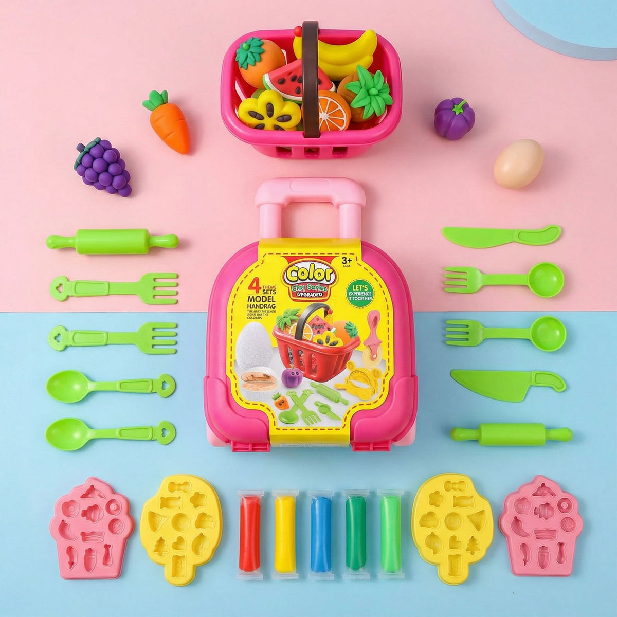 Creative clay playset for kids with portable trolley