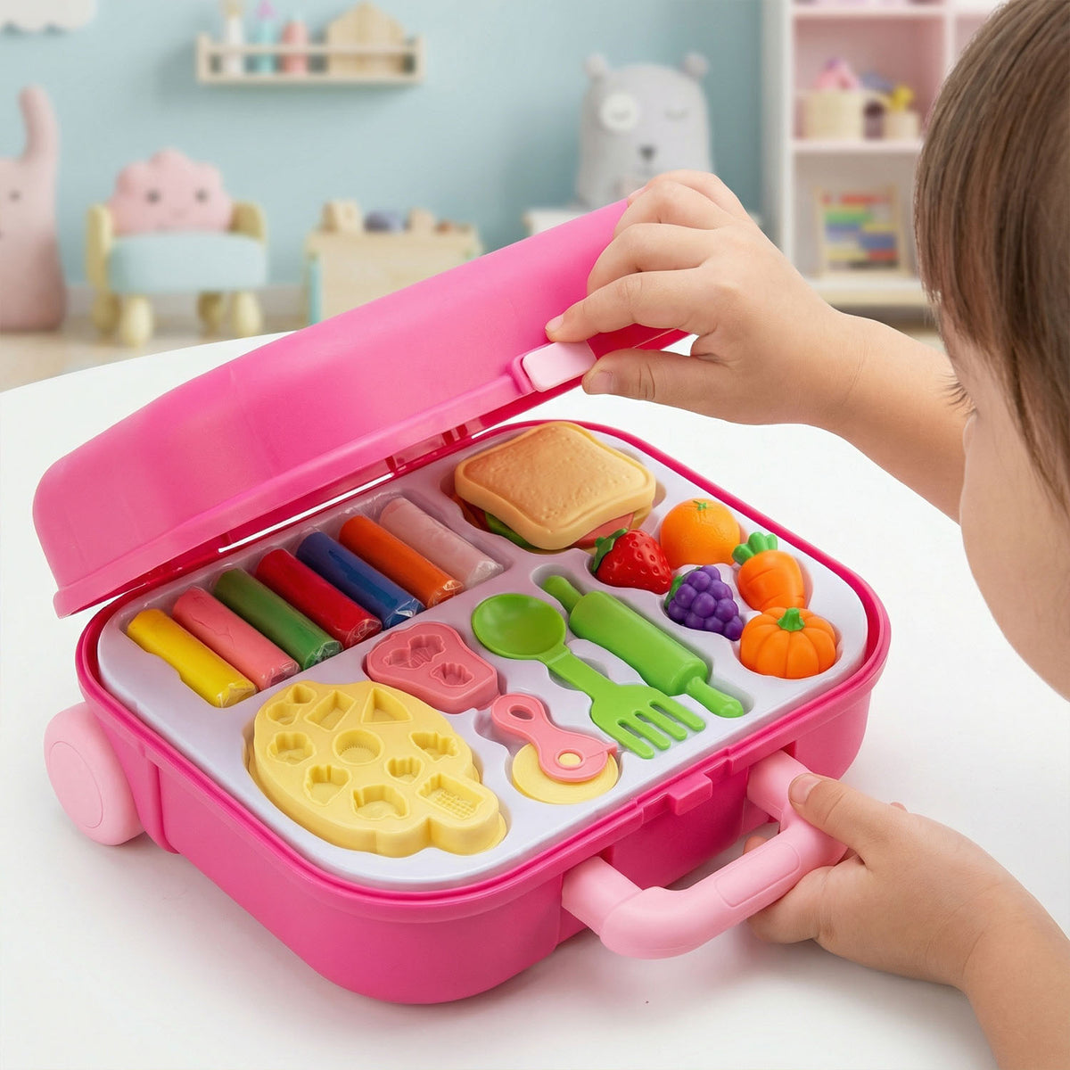 Kids color clay playset with trolley and accessories