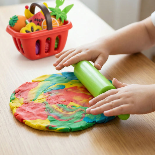 Child playing with colorful play dough on a wooden table, using a green rolling pin.