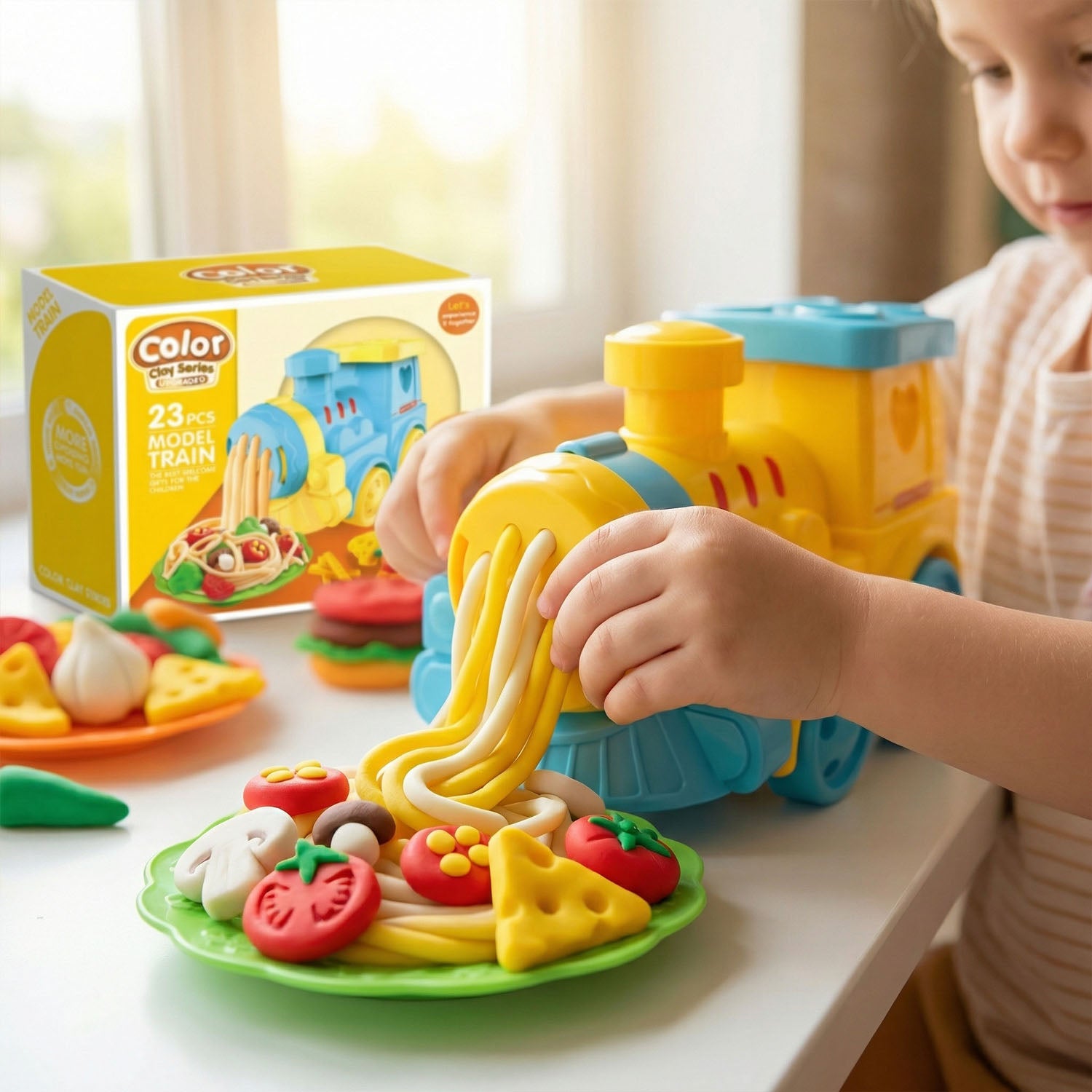 Child playing with a toy train and food items on a table, with a toy train set box in the background.