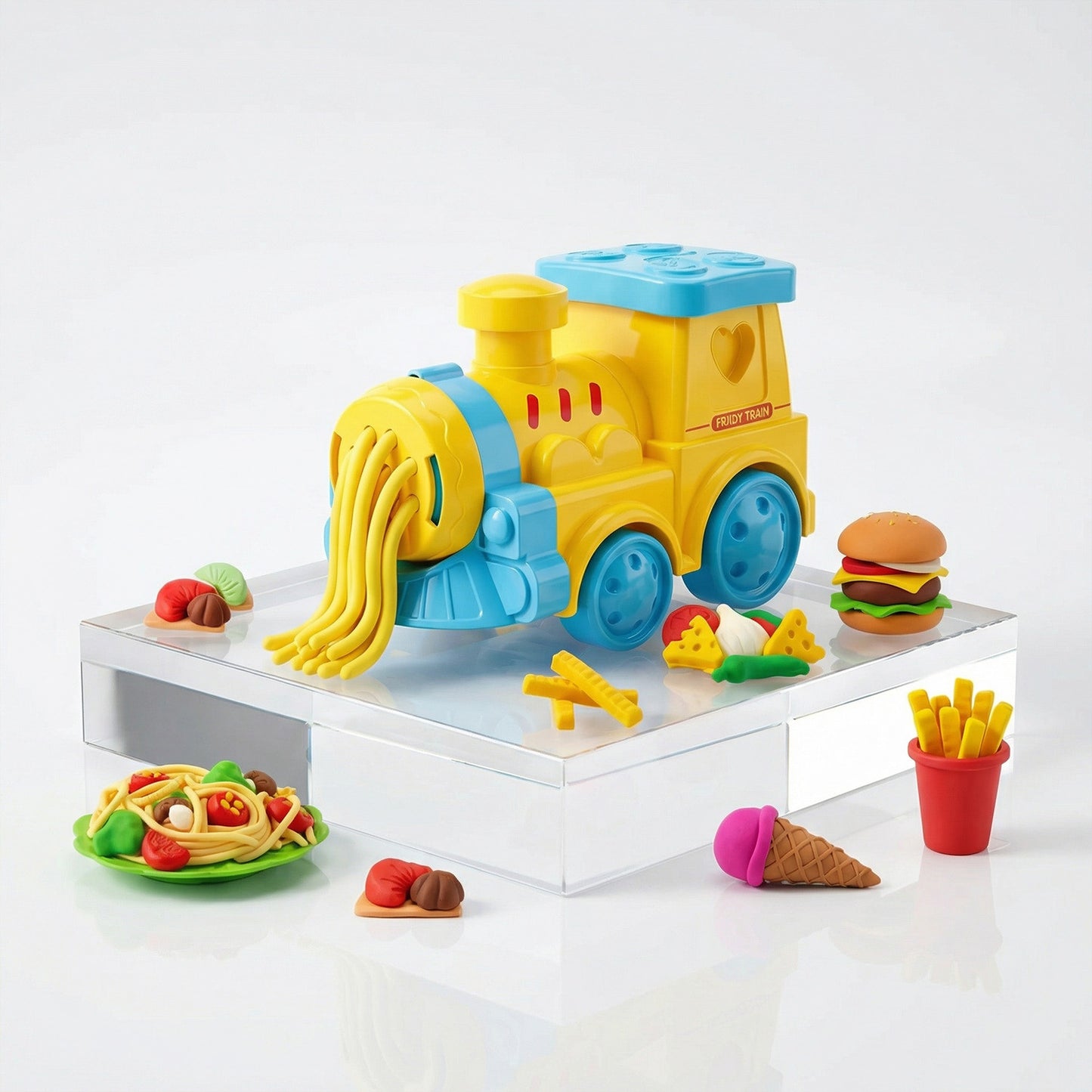Children modeling clay train toy with accessories
