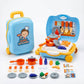 Toy kitchen set with a suitcase labeled 'Home Kitchen' 
