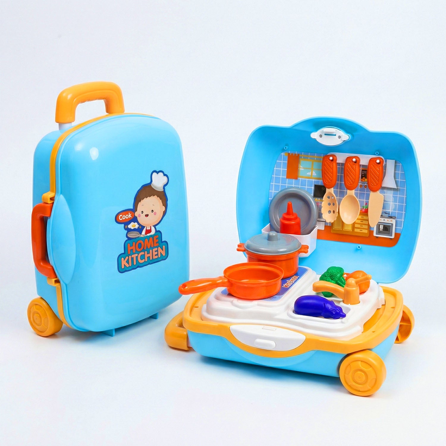 Toy kitchen set with a suitcase labeled 'Home Kitchen' 