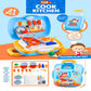 Toy kitchen set with various utensils and a suitcase labeled 'Cook Kitchen' on a colorful background.