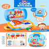 Toy kitchen set with various utensils and a suitcase labeled 'Cook Kitchen' on a colorful background.