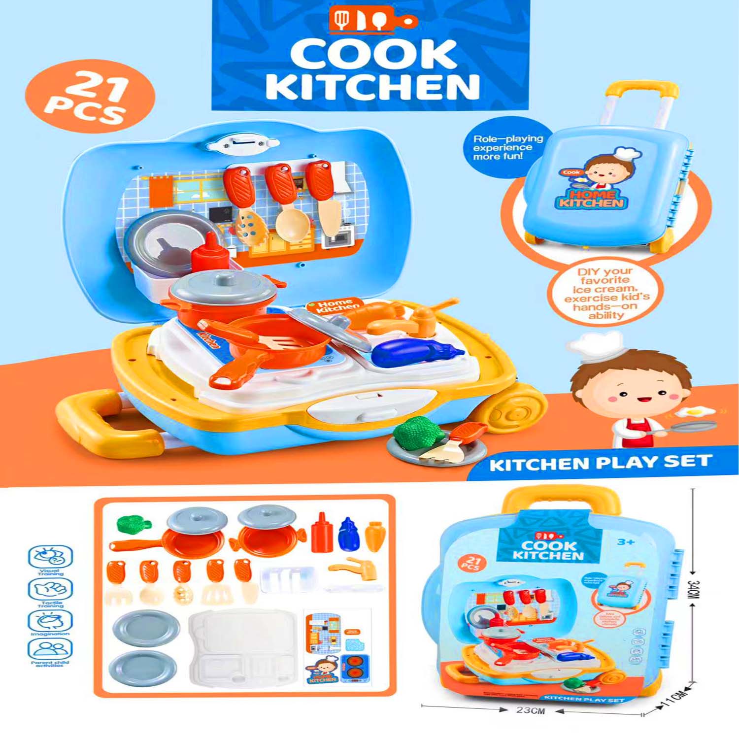 Toy kitchen set with various utensils and a suitcase labeled 'Cook Kitchen' on a colorful background.