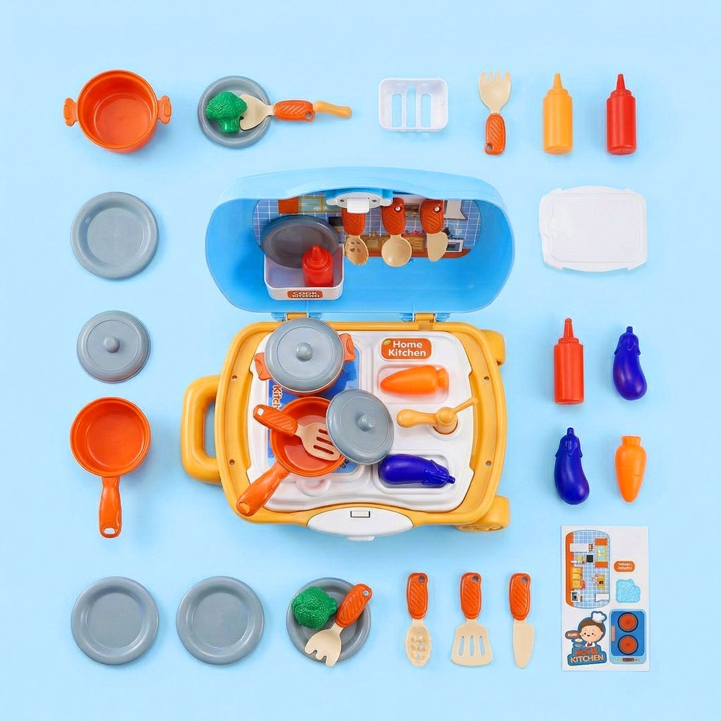 Toy kitchen set with various utensils and accessories 