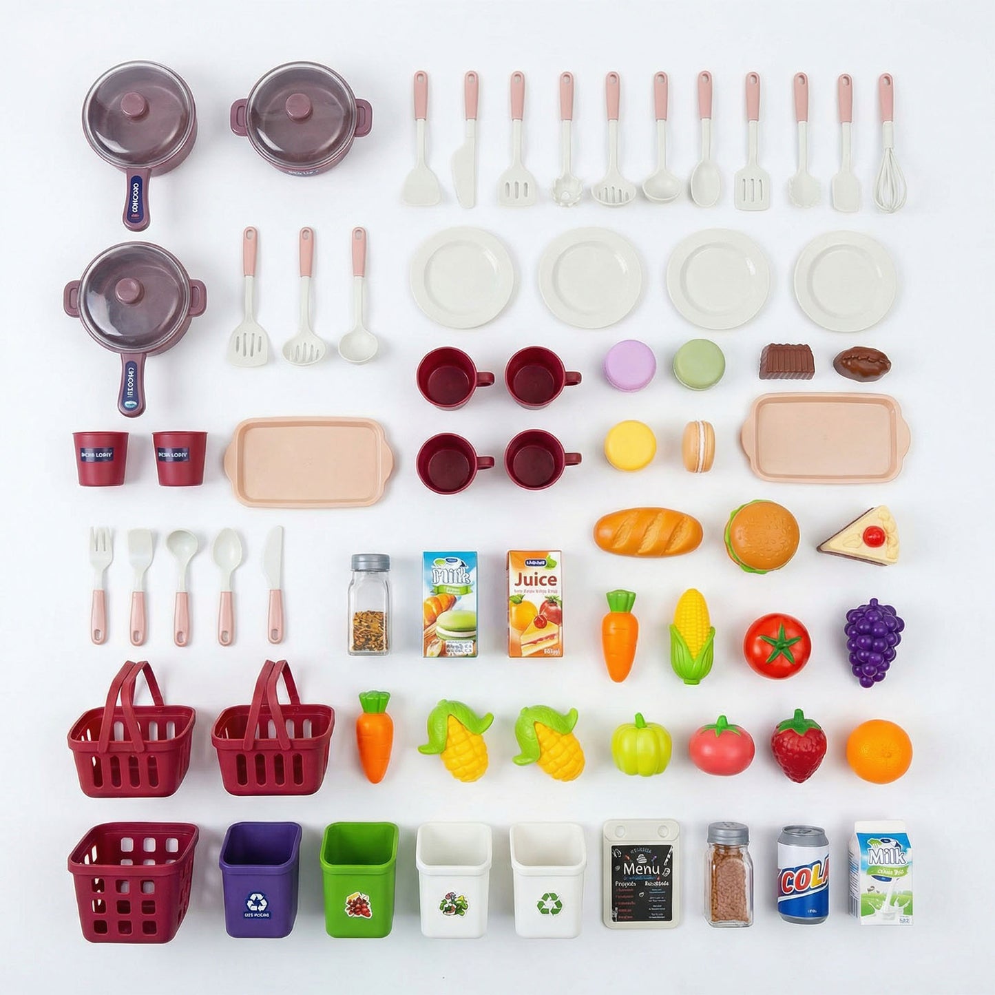 Collection of toy kitchen items including pots, pans, utensils, and food items