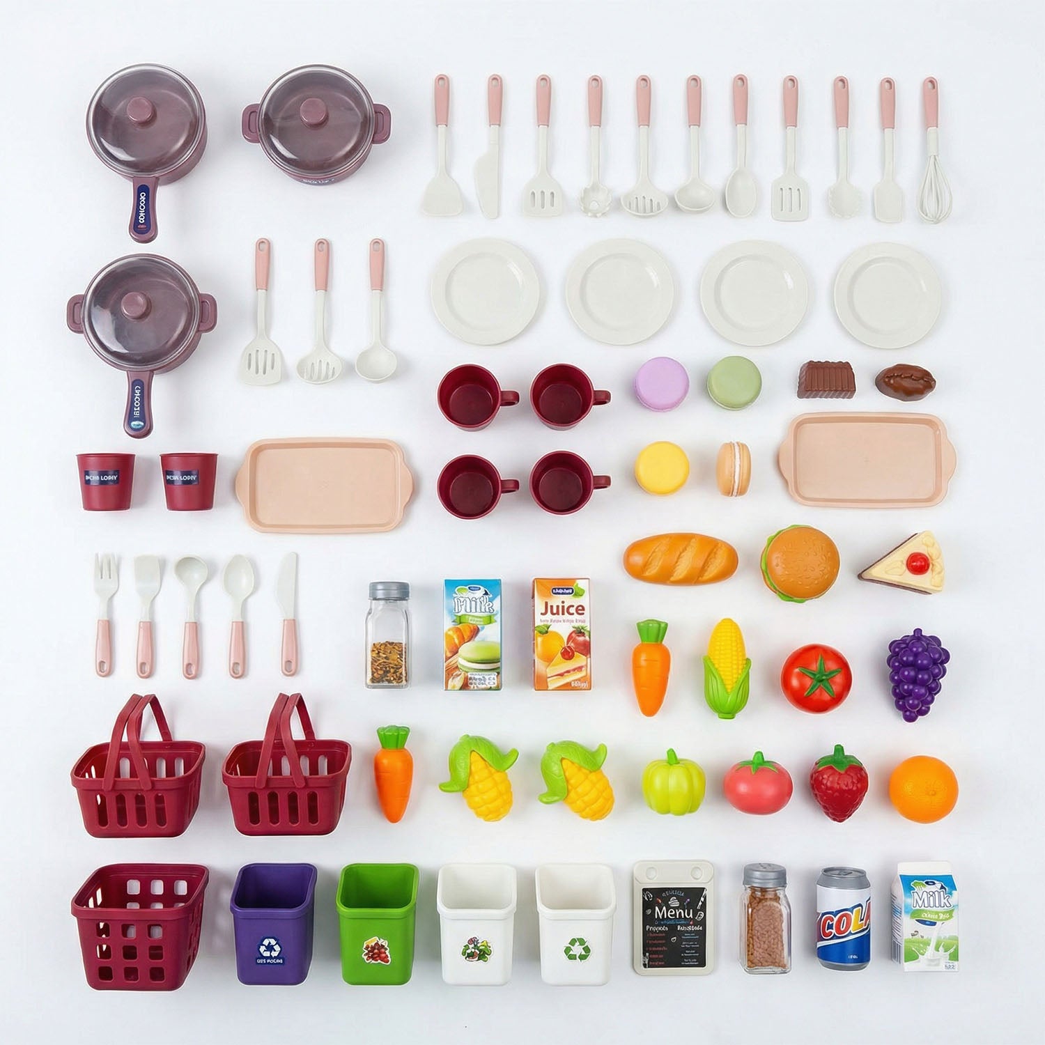 Collection of toy kitchen items including pots, pans, utensils, and food items