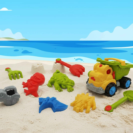 Kids Dinosaur Sand Toy Dump Truck Set – 8pcs (Beach Toys)