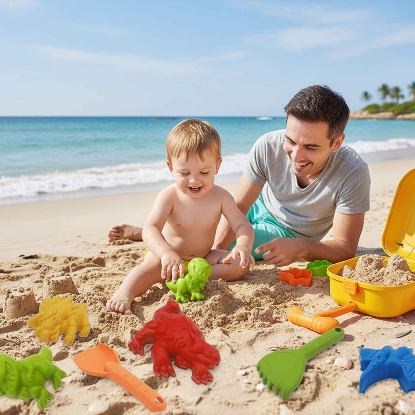 Yellow Dinosaur Sand Toy Suitcase Trolley Set 8pcs – Kids Beach Toys Qatar