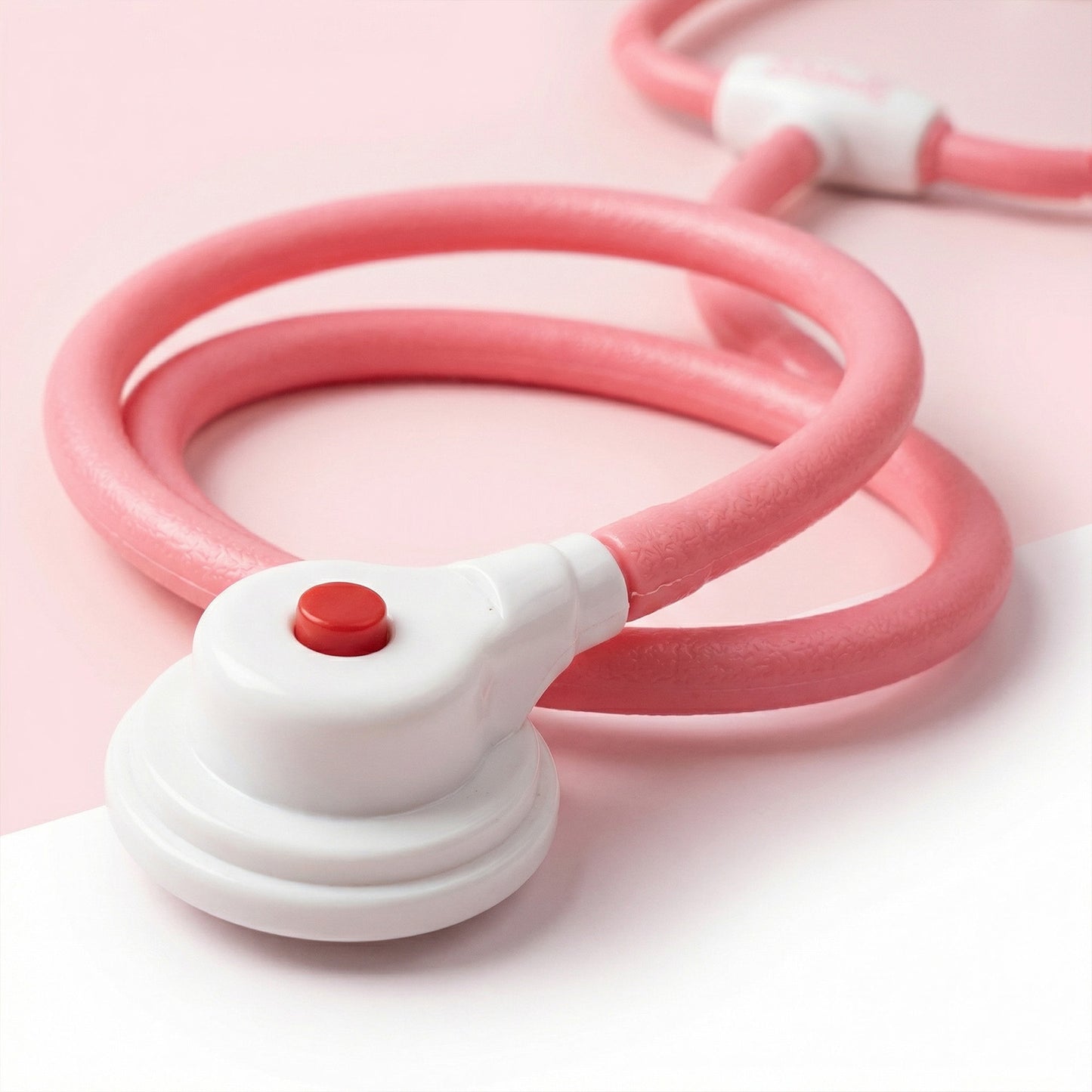 Pink and white toy with a red button 