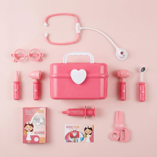 Pink toy doctor's kit with various medical tools 