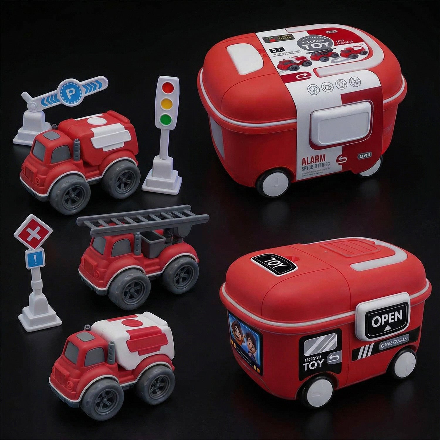 Toddler fire truck push and go toy set with ladder truck