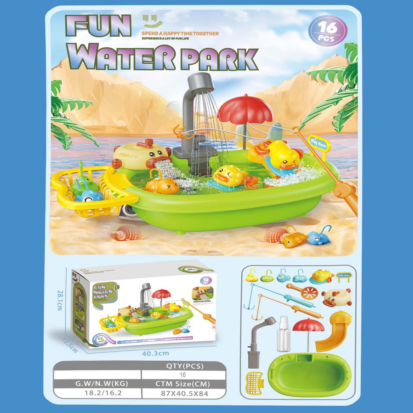 Fun Water Park Baby Bath Water Play Set with Floating Ducks, Slides, Showers and Scoops – 16-Piece Interactive Water Toy for Toddlers and Kids | Qatar