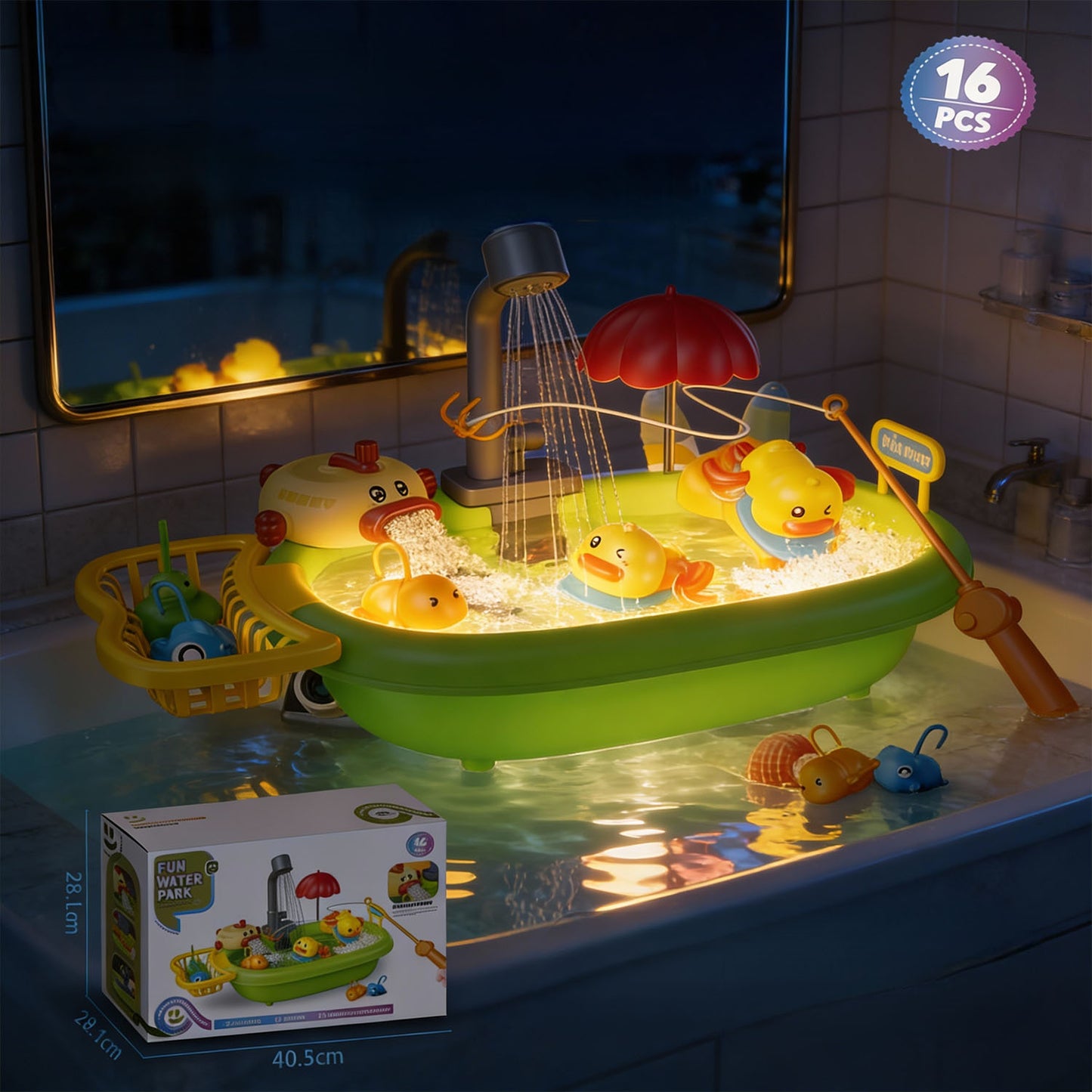 Fun Water Park Baby Bath Water Play Set with Floating Ducks, Slides, Showers and Scoops – 16-Piece Interactive Water Toy for Toddlers and Kids | Qatar