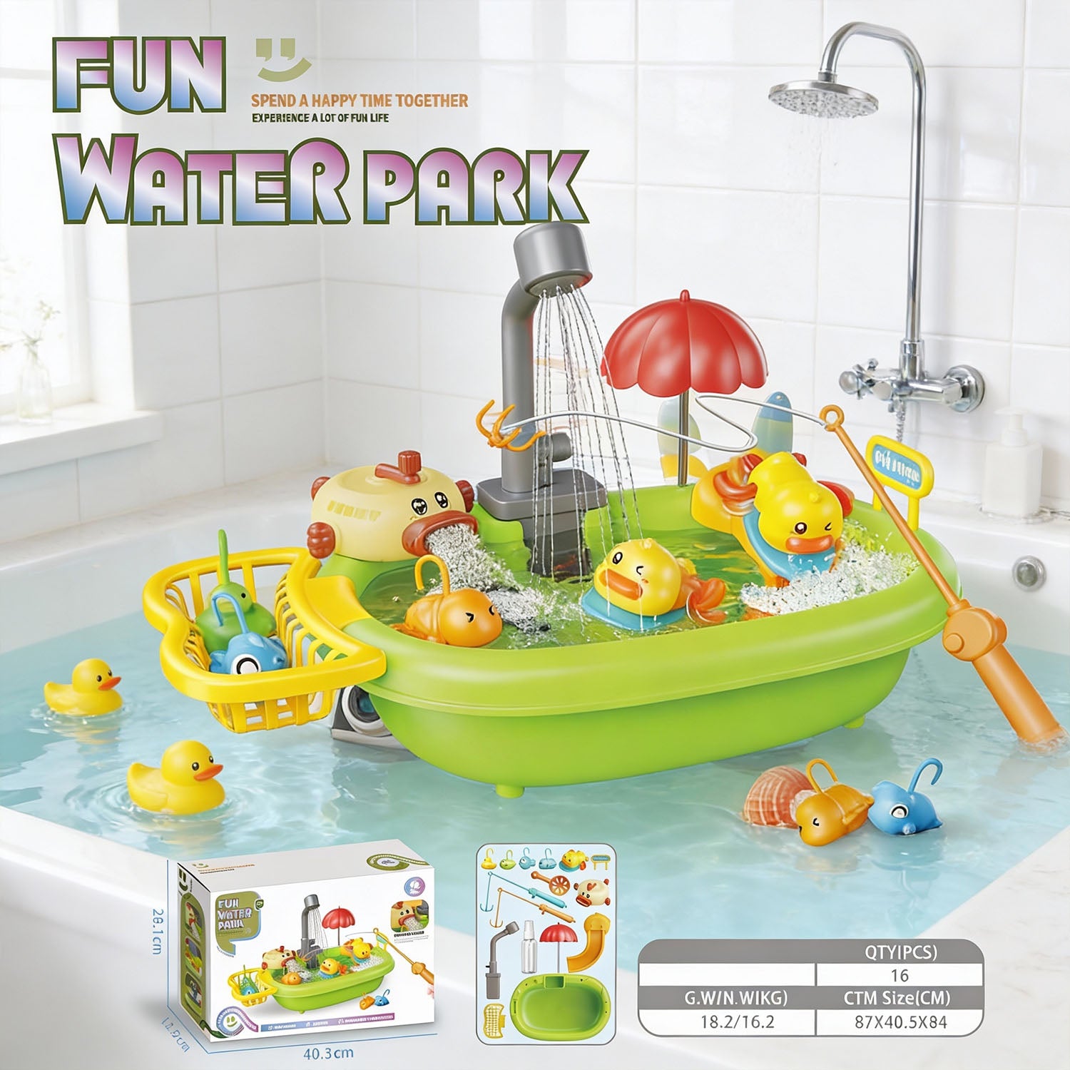 Children's bathtub toy set with ducks and accessories on a tiled bathroom floor.