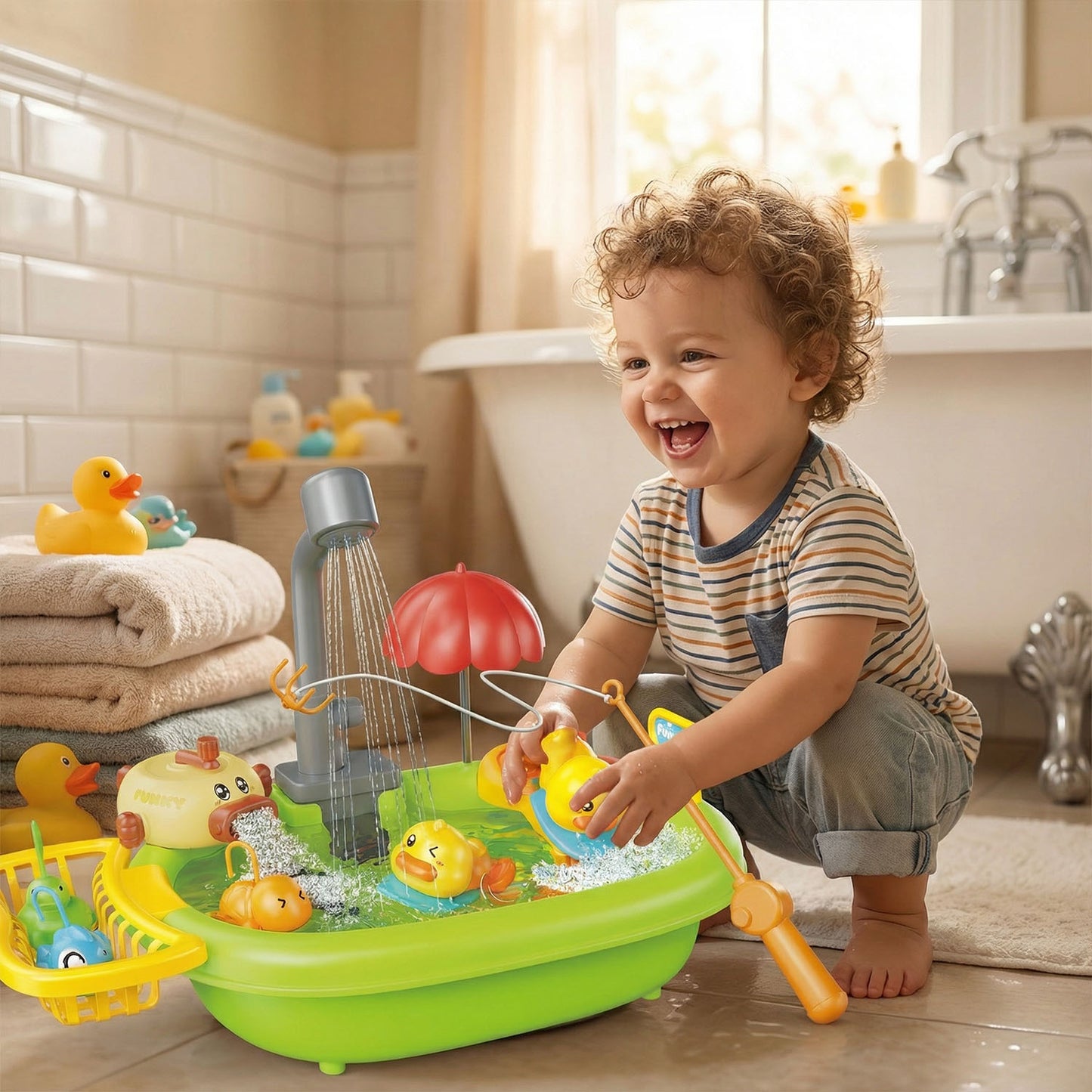 Fun Water Park Baby Bath Water Play Set with Floating Ducks, Slides, Showers and Scoops – 16-Piece Interactive Water Toy for Toddlers and Kids | Qatar