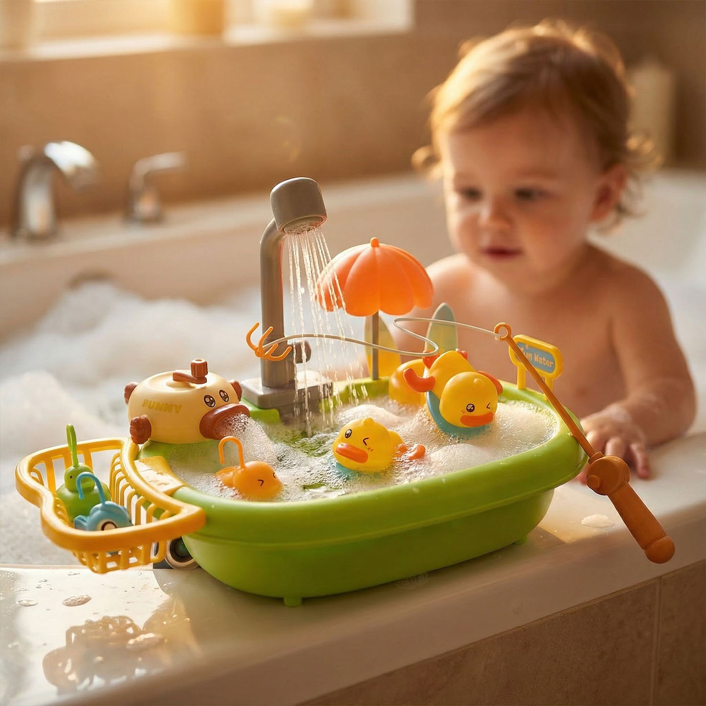 Fun Water Park Baby Bath Water Play Set with Floating Ducks, Slides, Showers and Scoops – 16-Piece Interactive Water Toy for Toddlers and Kids | Qatar
