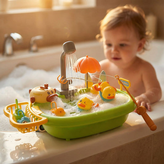 Fun Water Park Baby Bath Water Play Set with Floating Ducks, Slides, Showers and Scoops – 16-Piece Interactive Water Toy for Toddlers and Kids | Qatar