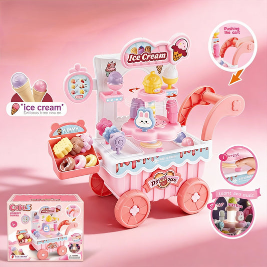 Toy ice cream cart with various toy ice creams and a box on a pink background