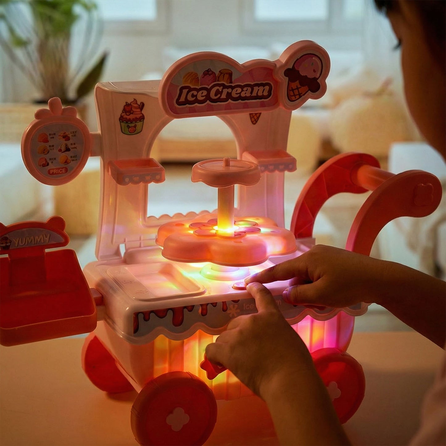Kids Ice Cream Dessert Trolley Playset with Lights, Music and 360° Rotation – Push Cart Ice Cream Shop Role Play Toy for Toddlers and Children
