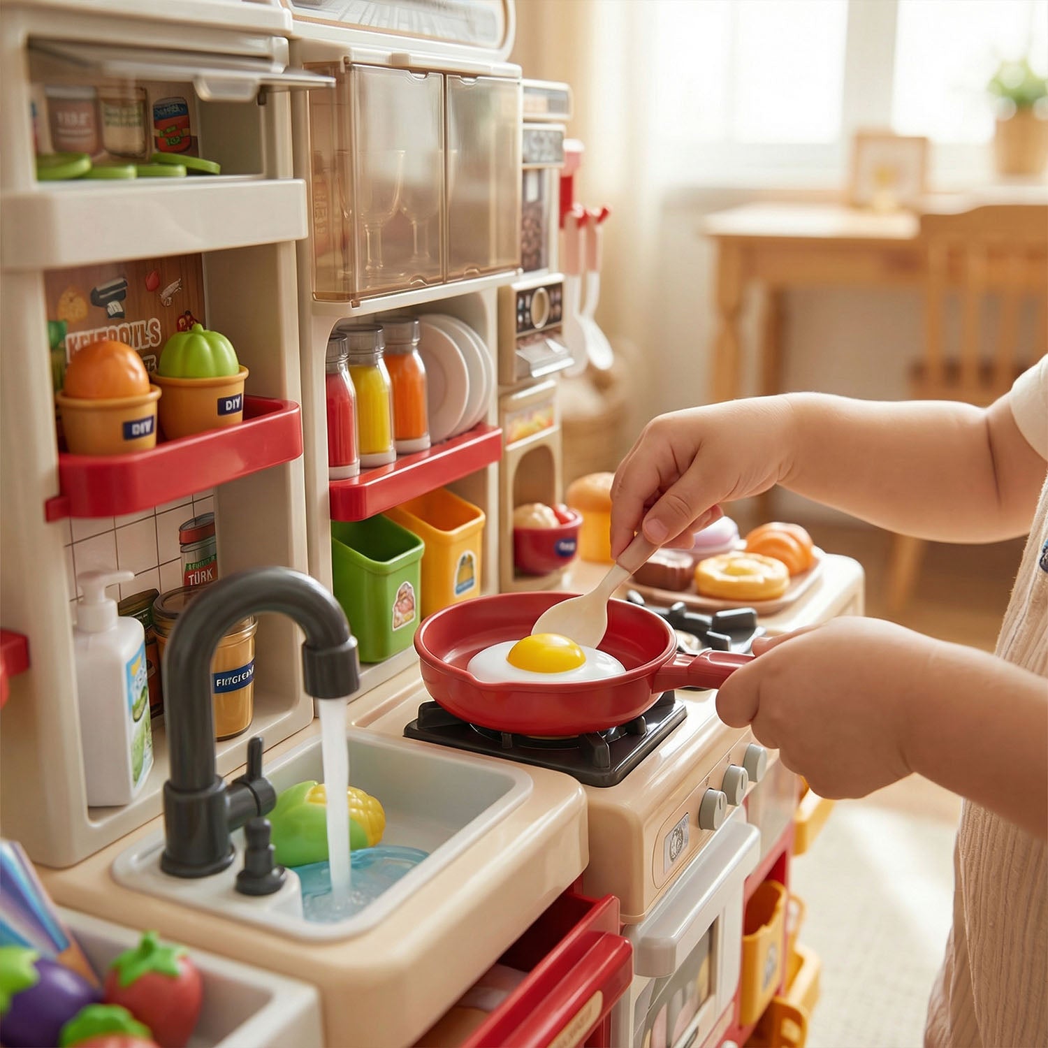 Child playing with a toy kitchen set, including a stove and sink.
