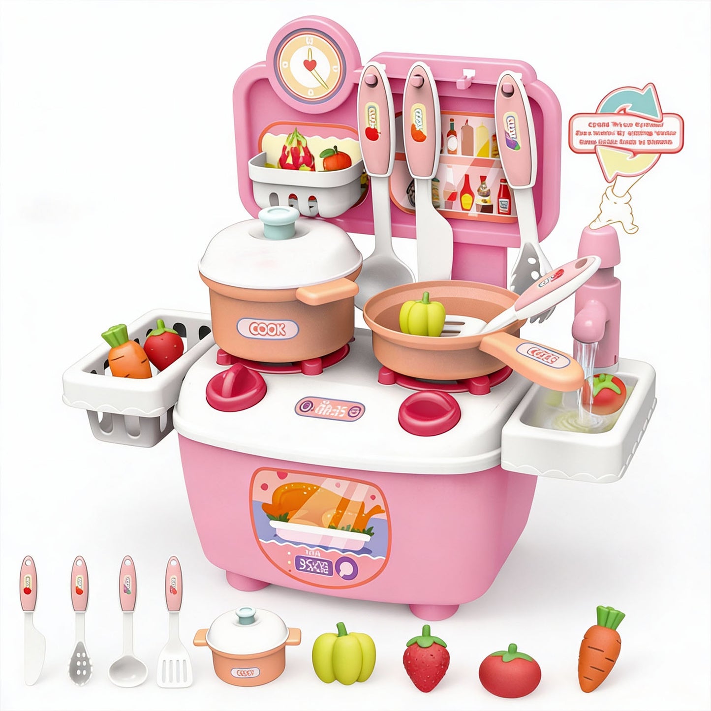 Mini Dream Kitchen Playset for Kids – Pink Toy Kitchen with 10 Accessories | Qatar