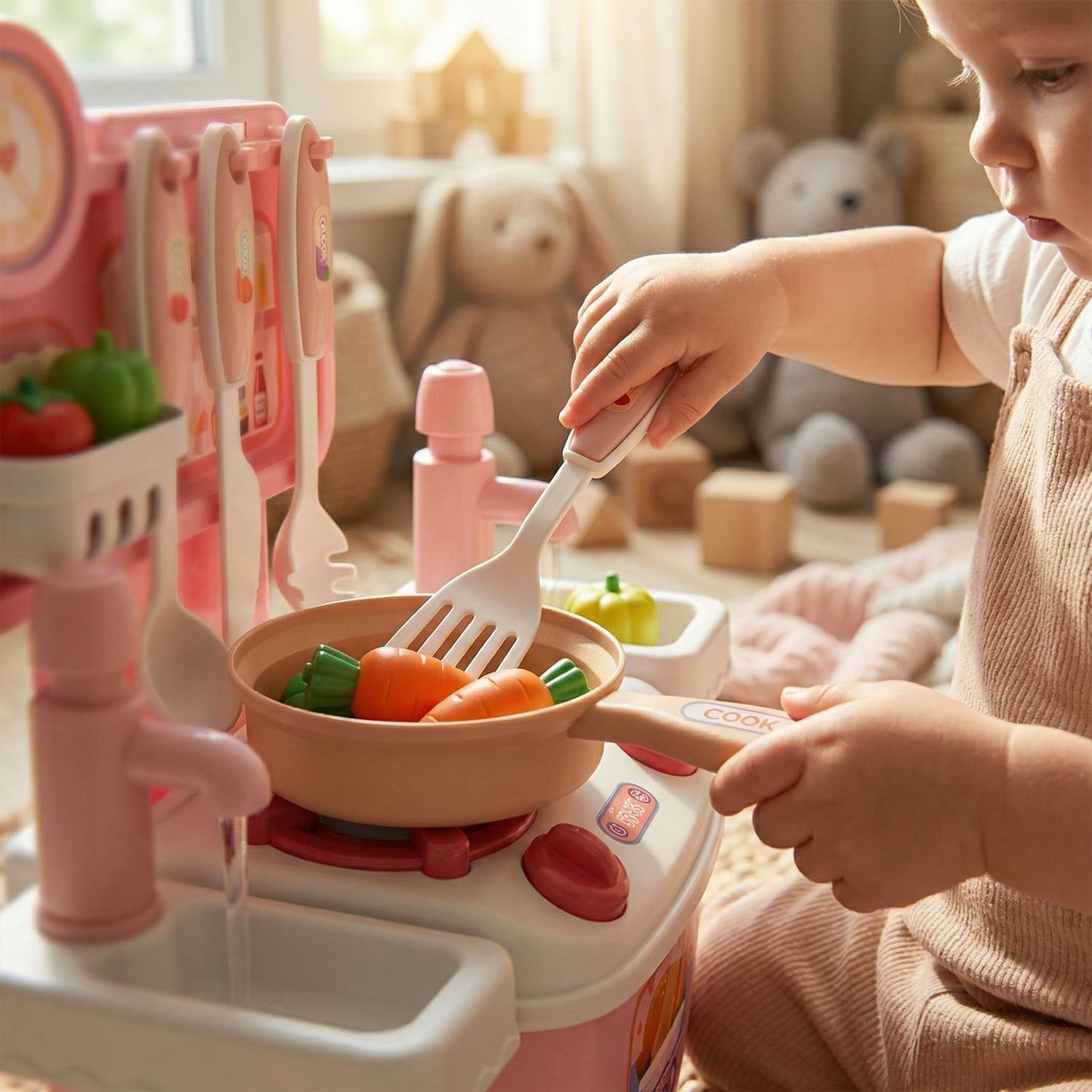 Mini Dream Kitchen Playset for Kids – Pink Toy Kitchen with 10 Accessories | Qatar