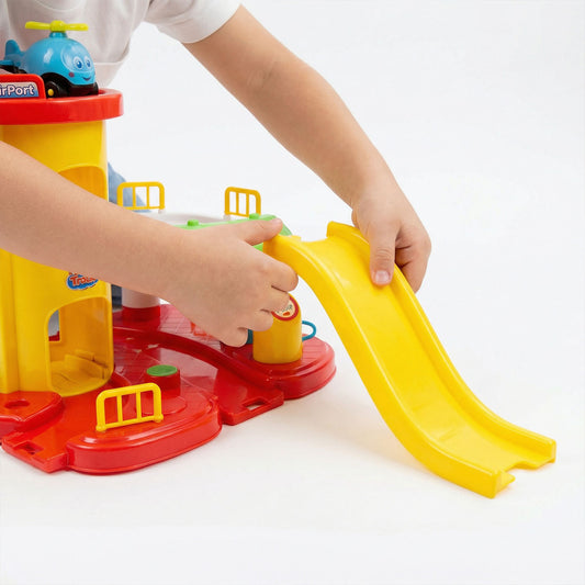 Kids parking garage playset with lift elevator, slide ramp and mini cars for toddlers