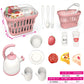 Collection of children's toy kitchen items including a pink teapot, cups, bowls, and a basket with measurements.
