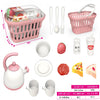 Collection of children's toy kitchen items including a pink teapot, cups, bowls, and a basket with measurements.