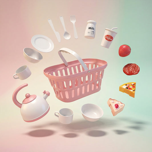 Falling items including a pink teapot, basket, plates, cups, and food items