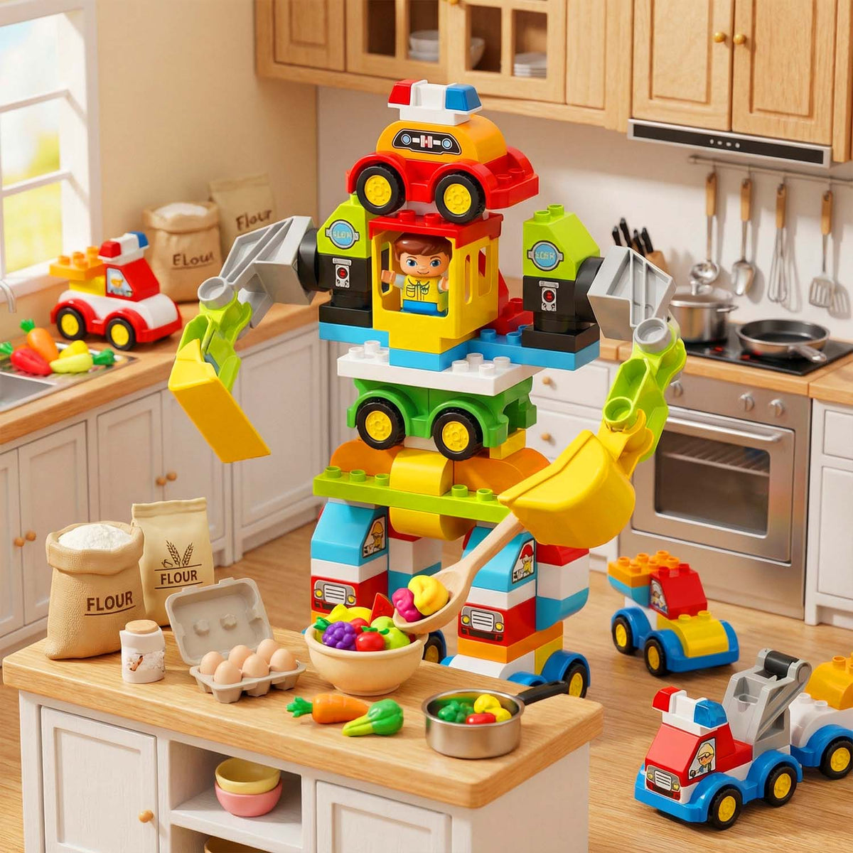 Colorful toy construction set on a kitchen counter with various kitchen items.