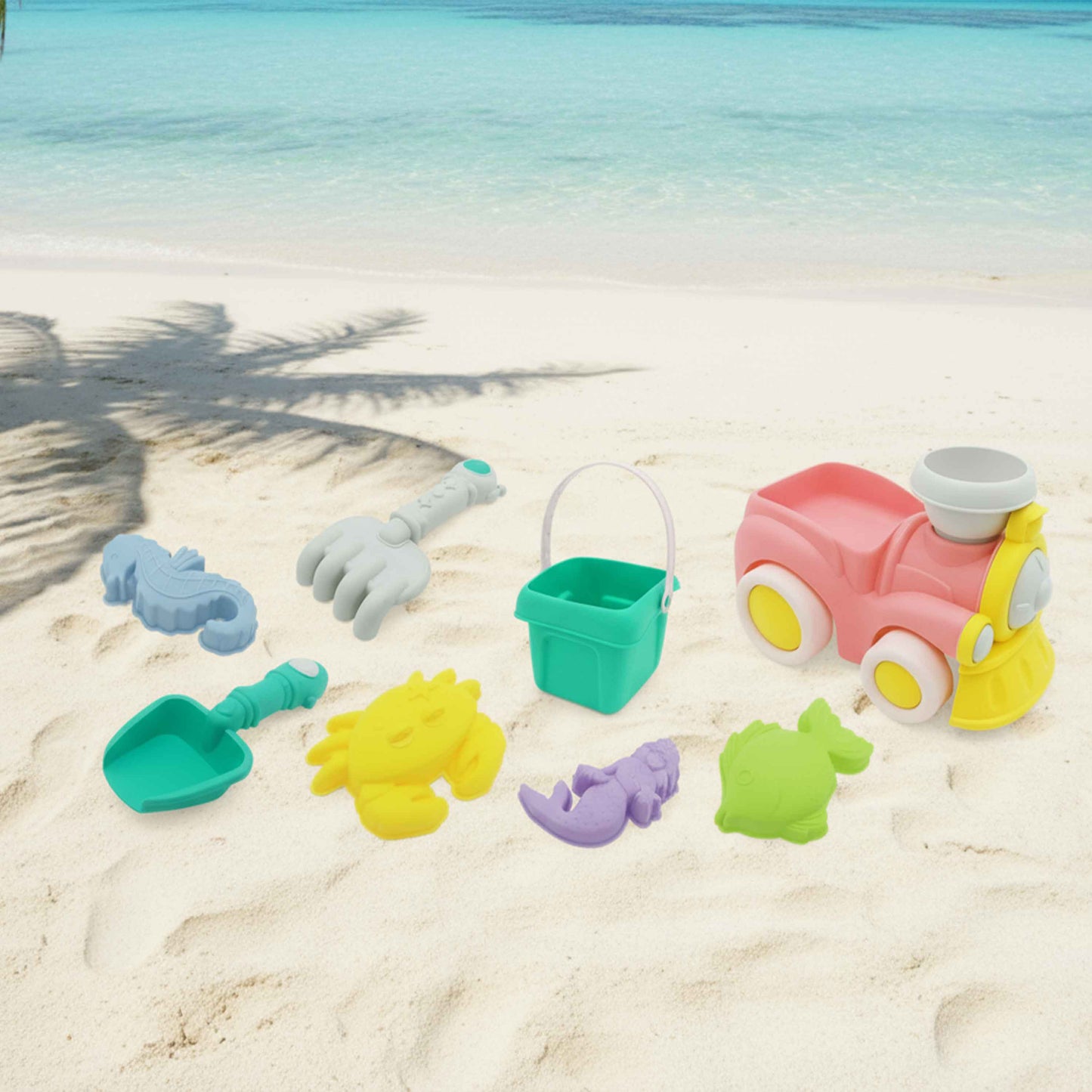 Kids Sand Beach Toy Set with Train Truck – 10pcs (Bucket + Shovel)