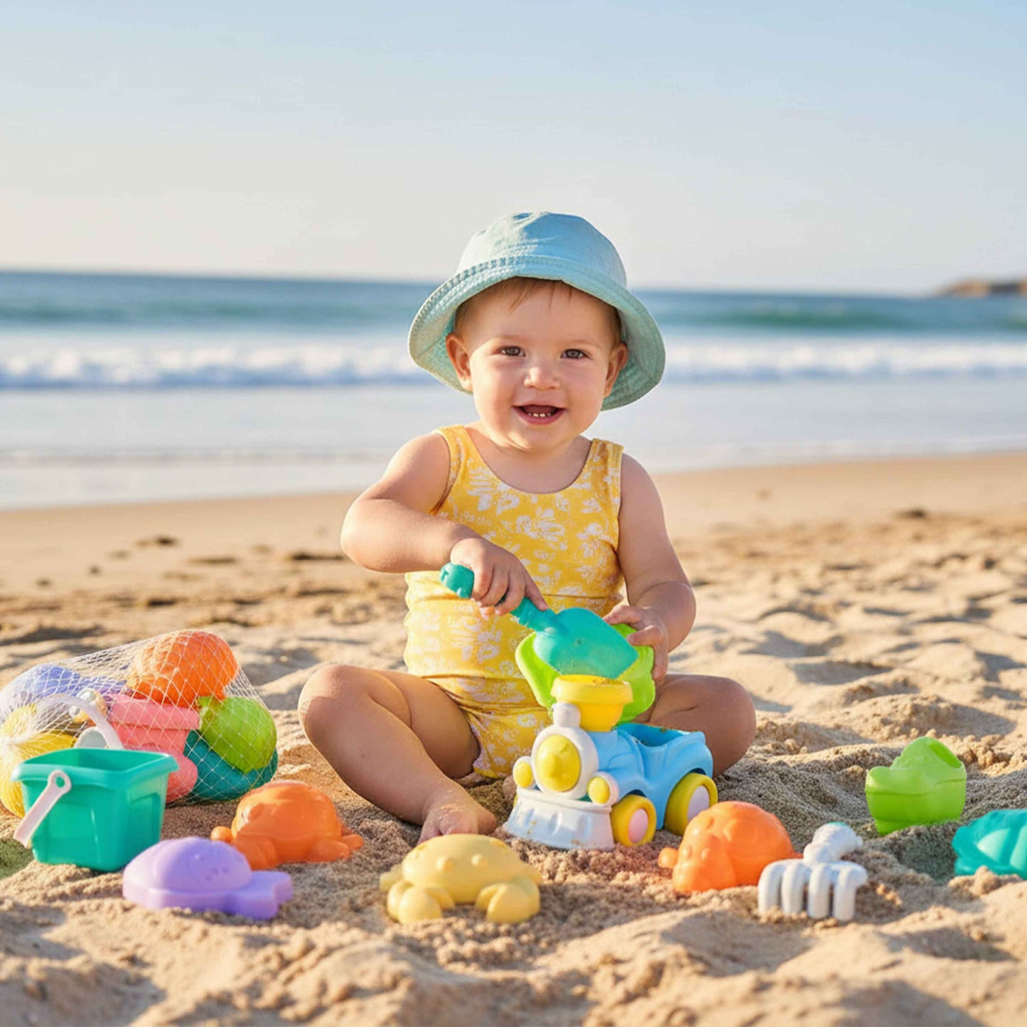 Kids Sand Beach Toy Set with Train Truck – 10pcs (Bucket + Shovel)