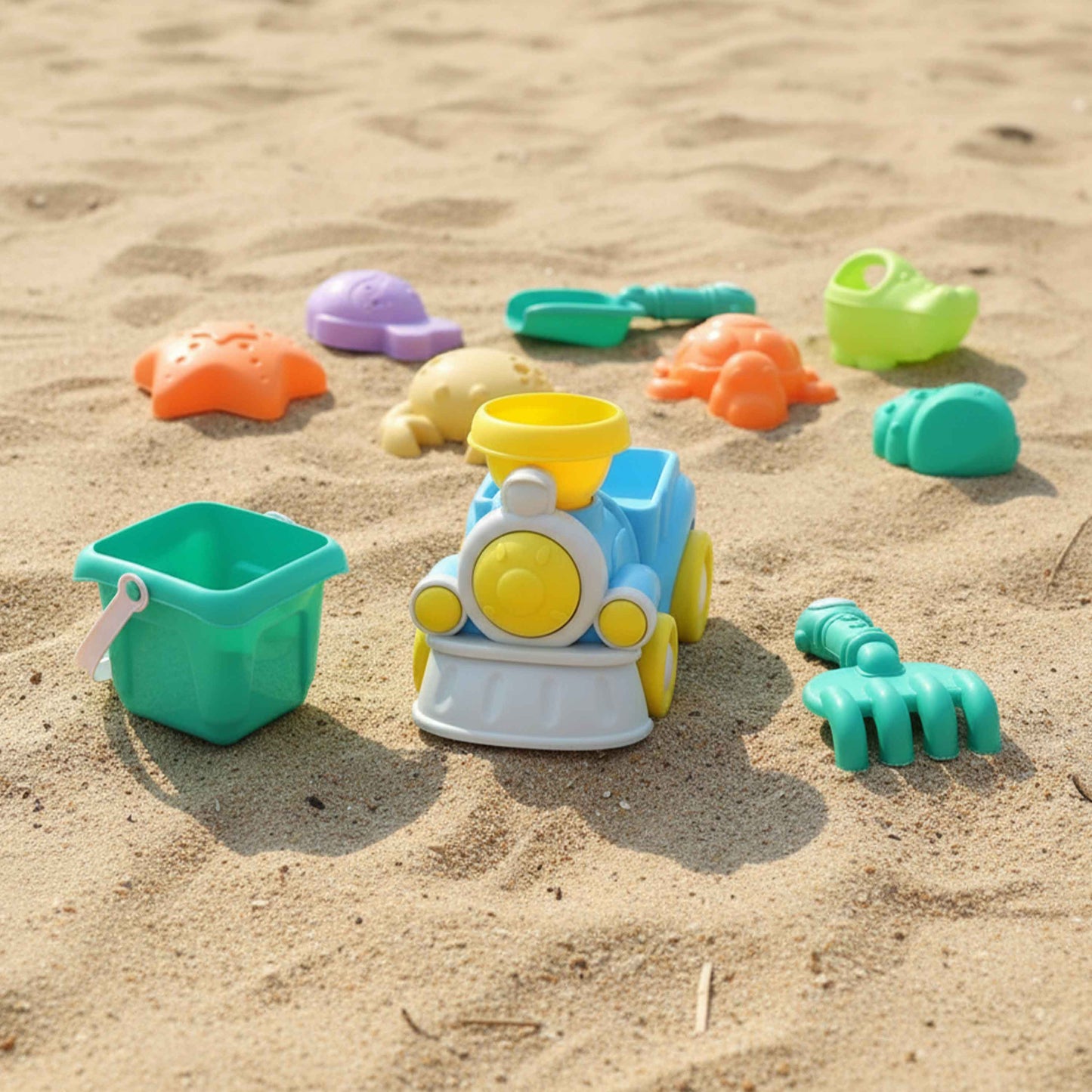 Kids Sand Beach Toy Set with Train Truck – 10pcs (Bucket + Shovel)