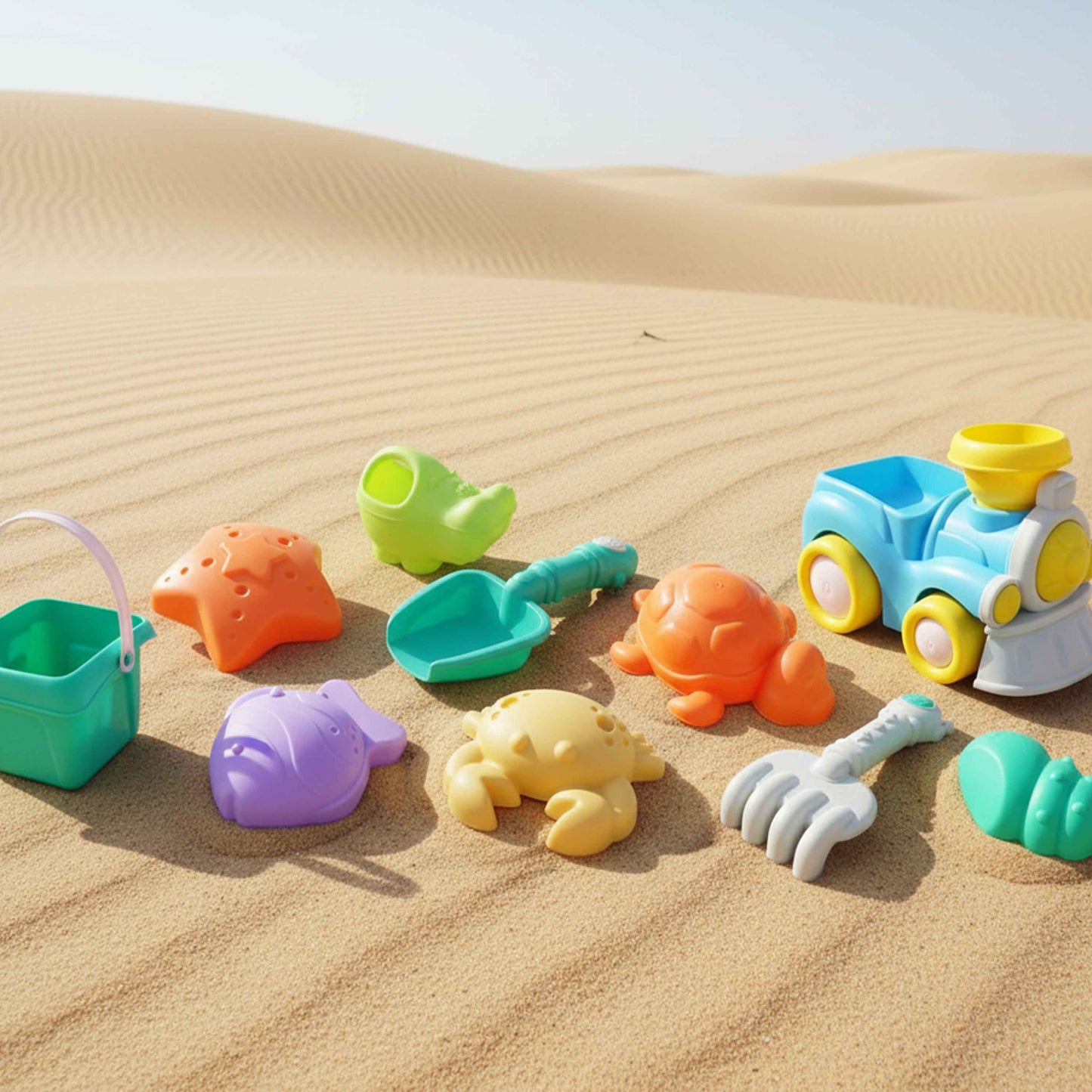 Kids Sand Beach Toy Set with Train Truck – 10pcs (Bucket + Shovel)