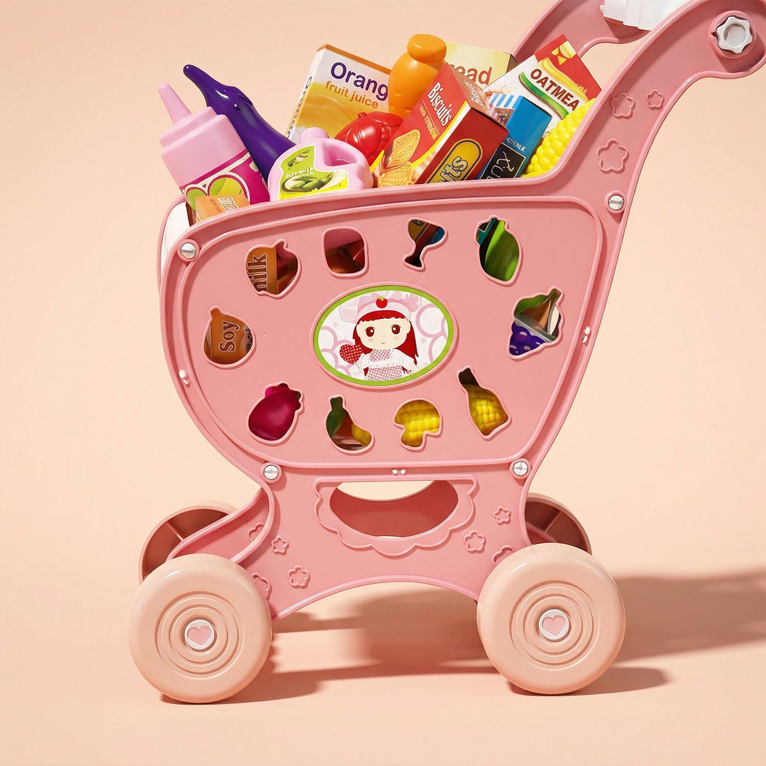 Kids pretend shopping cart toy with fruits and grocery items