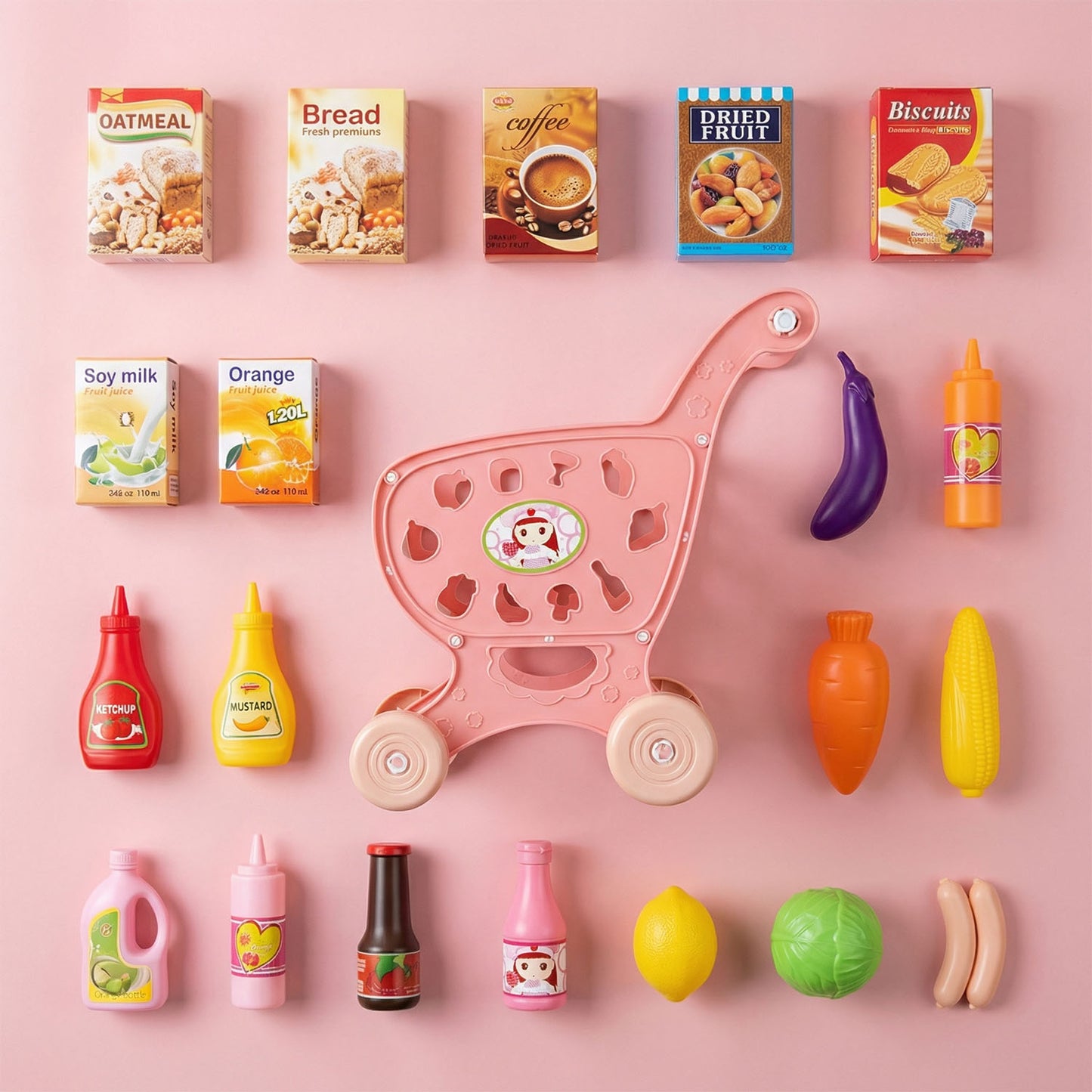 Toy shopping cart with miniature food items 