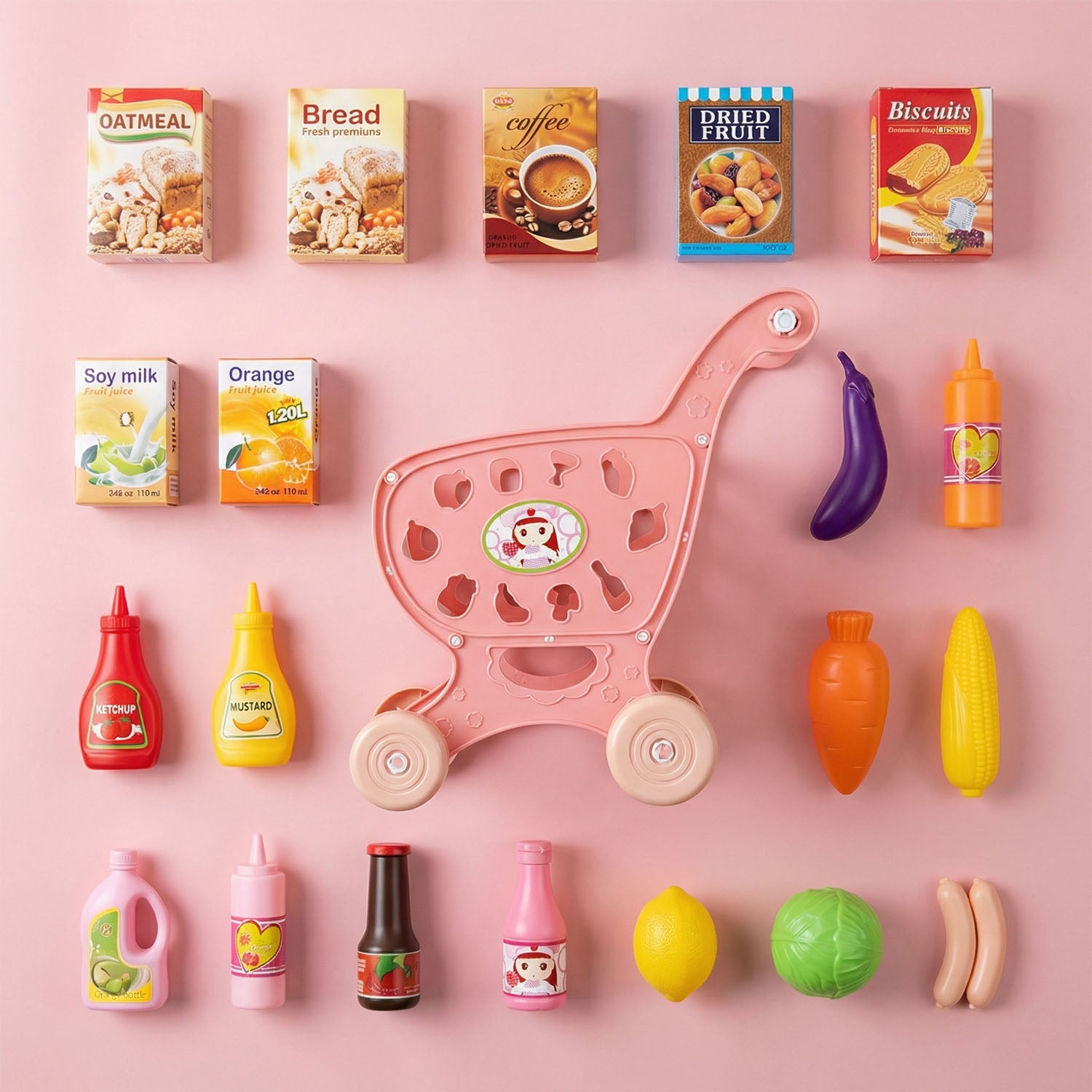 Toy shopping cart with miniature food items 