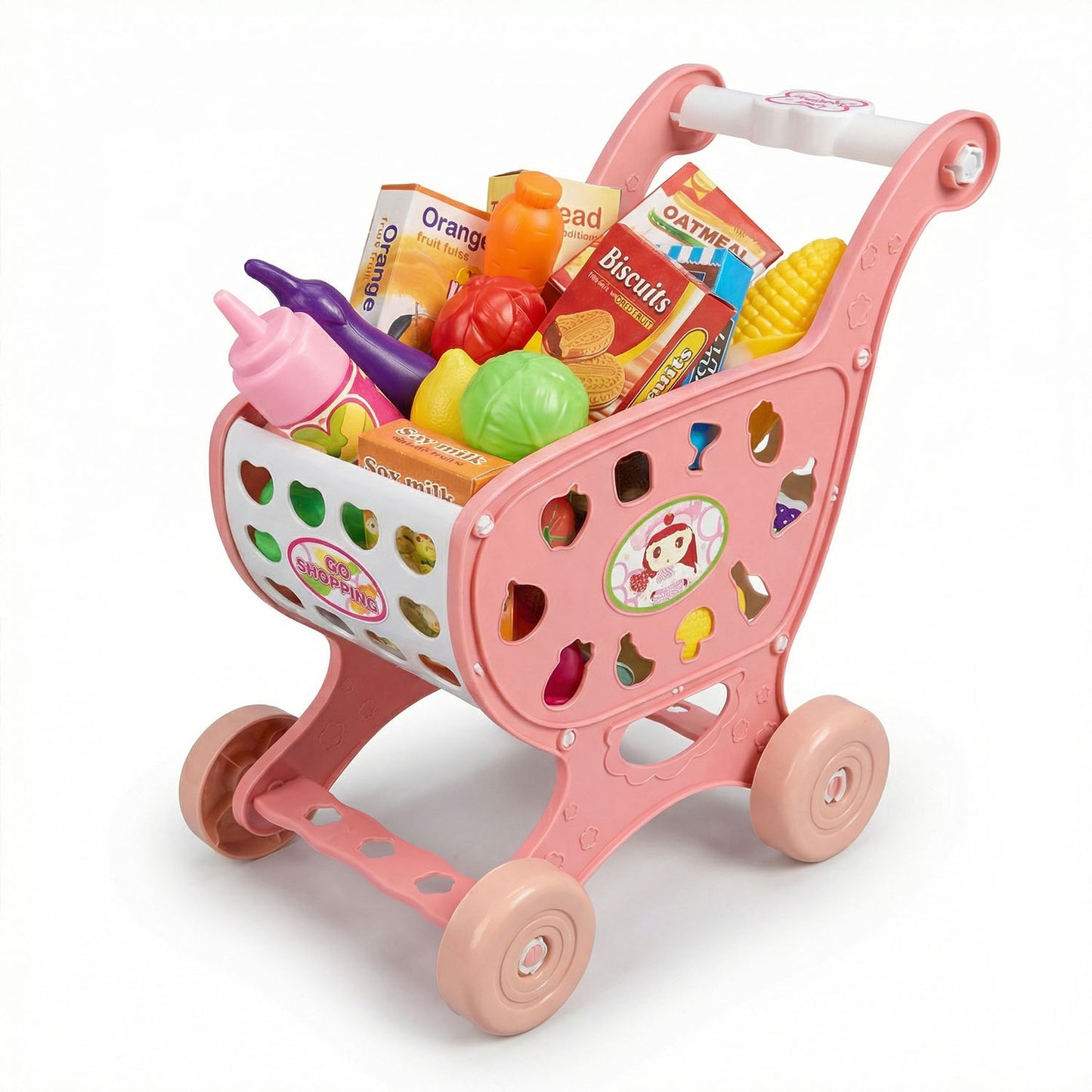 Children supermarket shopping cart toy with food accessories