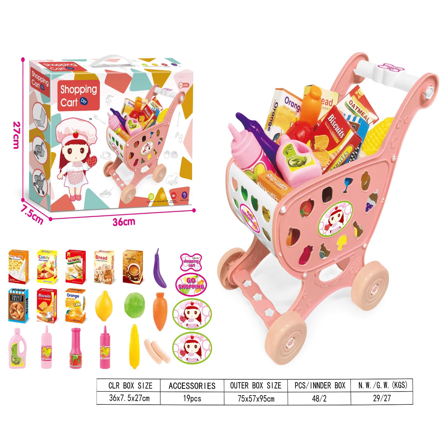 Kids shopping cart toy playset with grocery accessories for pretend play