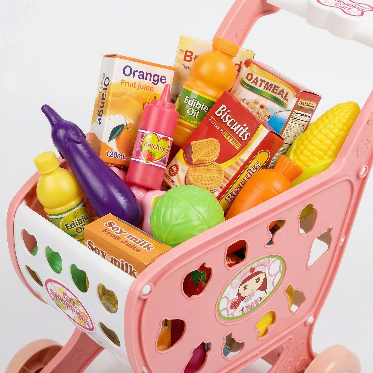 Children supermarket shopping cart toy with food accessories