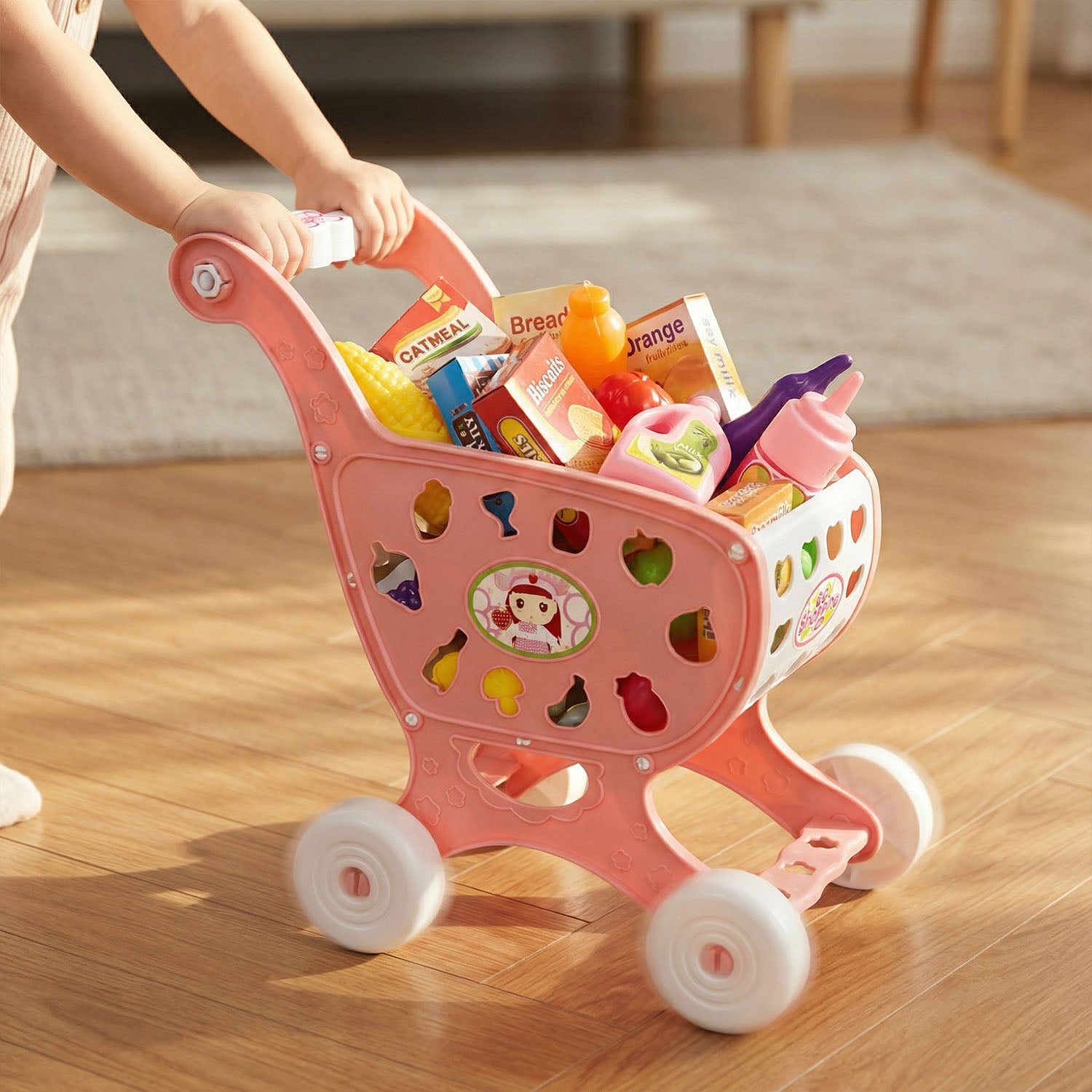 Plastic kids shopping trolley toy with smooth wheels