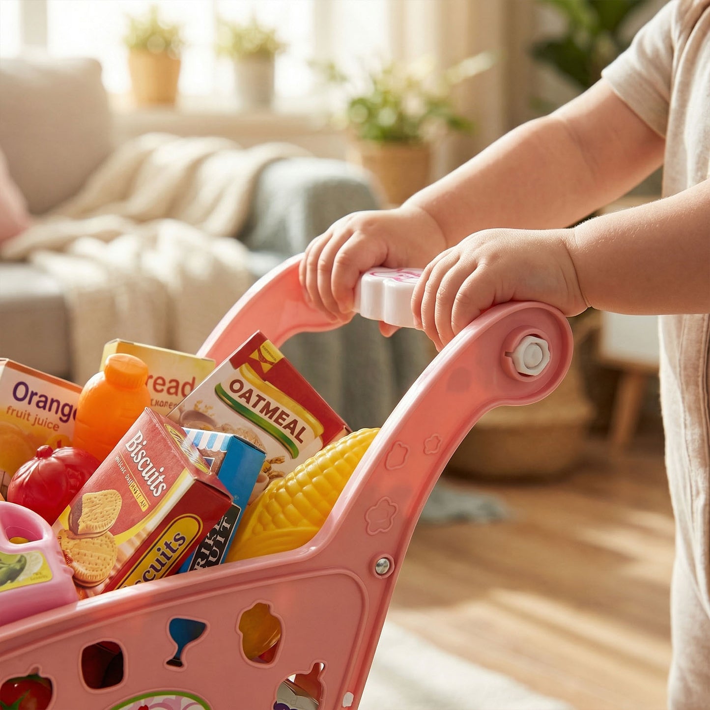 Kids shopping cart toy playset with grocery accessories for pretend play