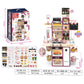 Children's toy kitchen set with packaging, accessories, and dimensions displayed.