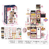 Children's toy kitchen set with packaging, accessories, and dimensions displayed.