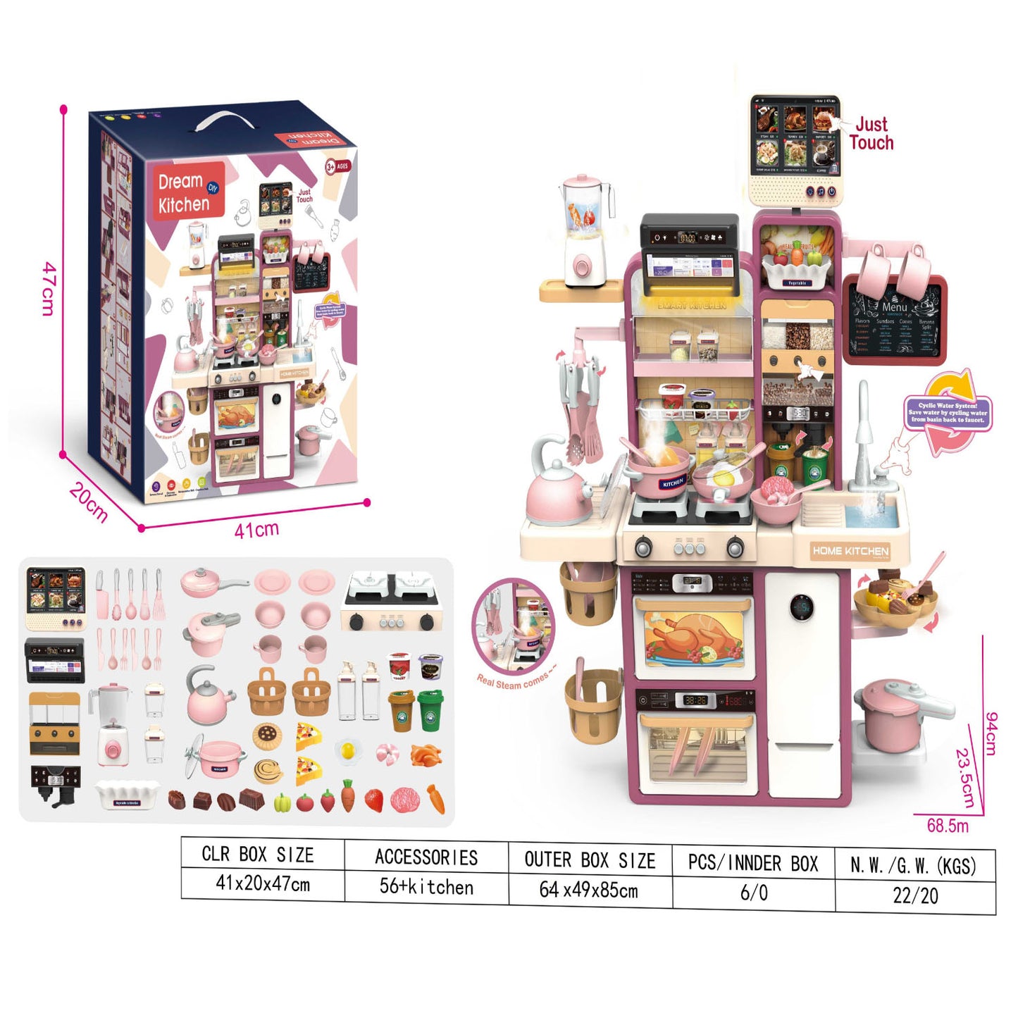 Children's toy kitchen set with packaging, accessories, and dimensions displayed.